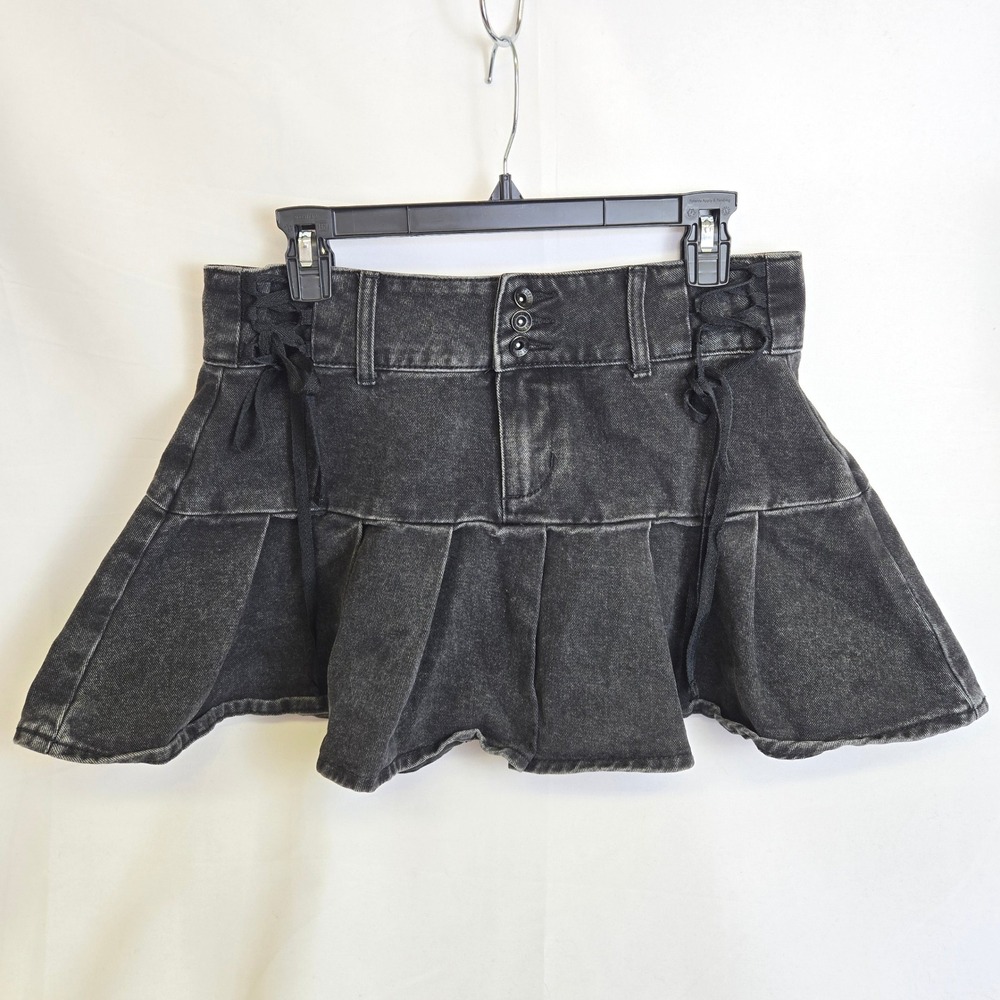 Social Collison Lace-Up Pleated Denim Mini Skirt Black Punk Grunge Goth Junior M